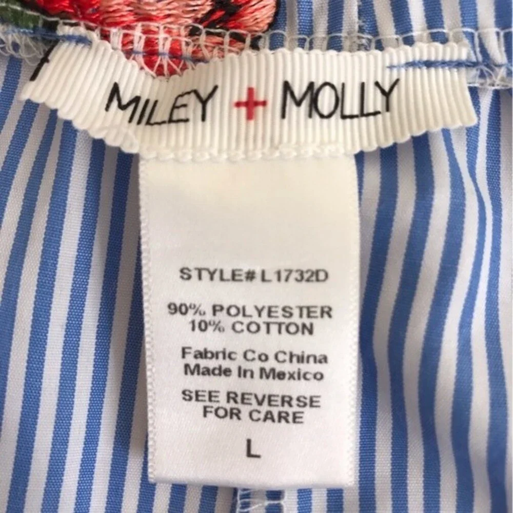 Miley + Molly Off Shoulder Tie Sleeve Blue White Stripe Embroidered Dress Large